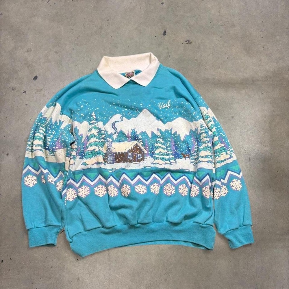Vintage 90s Life Styles Vail Winter Scene Wraparound Blue Sweatshirt OS